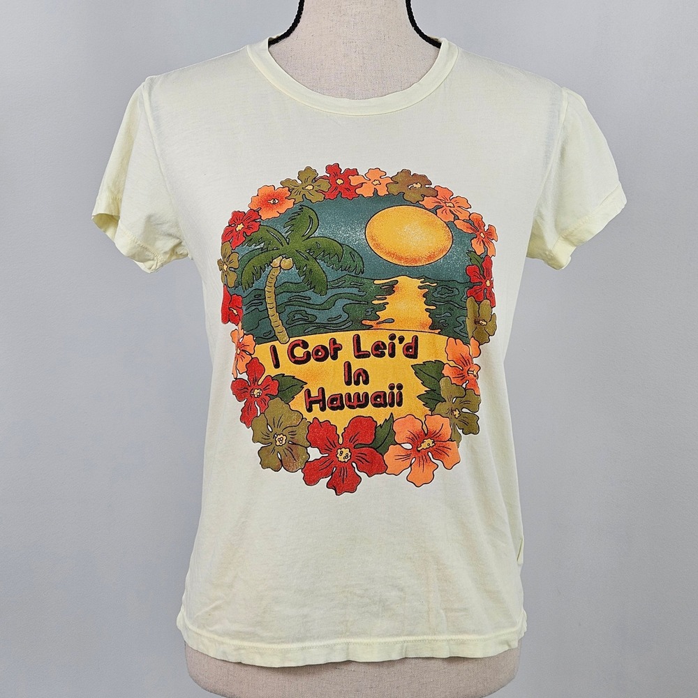 Mother The Boxy Goodie Goodie Womens XS Yellow Hawaii Graphic Tee FLAW